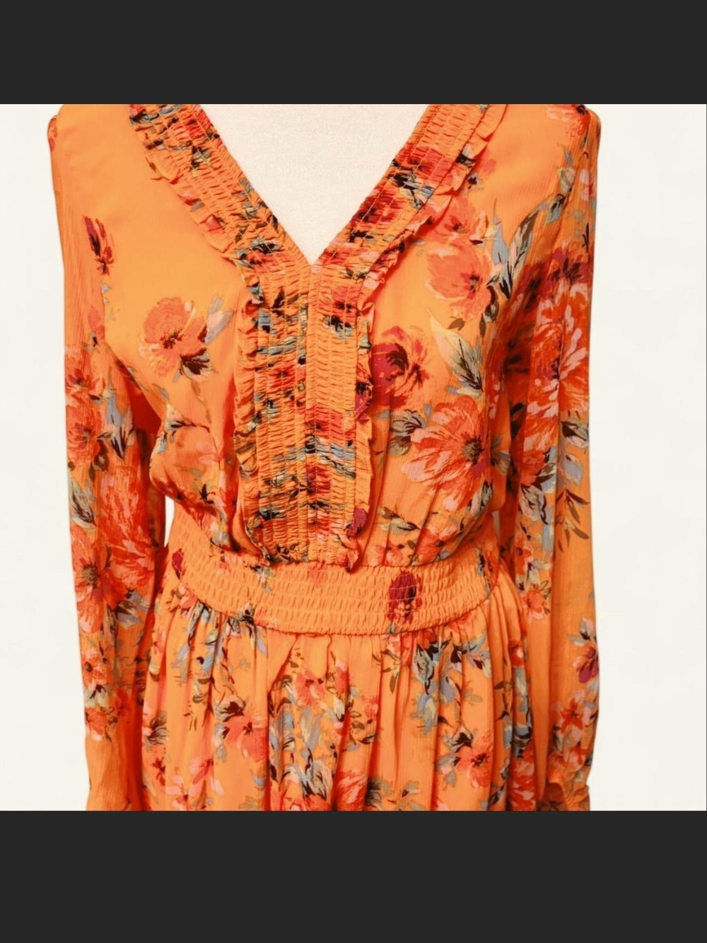 Jessica Simpson Floral Orange V-Neck Long Sleeve Midi Dress. Size Small